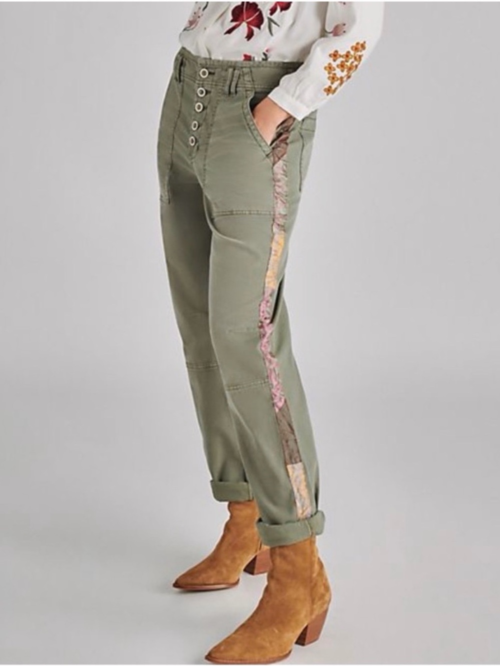 Anthropologie The Wanderer Green Button Front Utility Embellished Pants Size 26